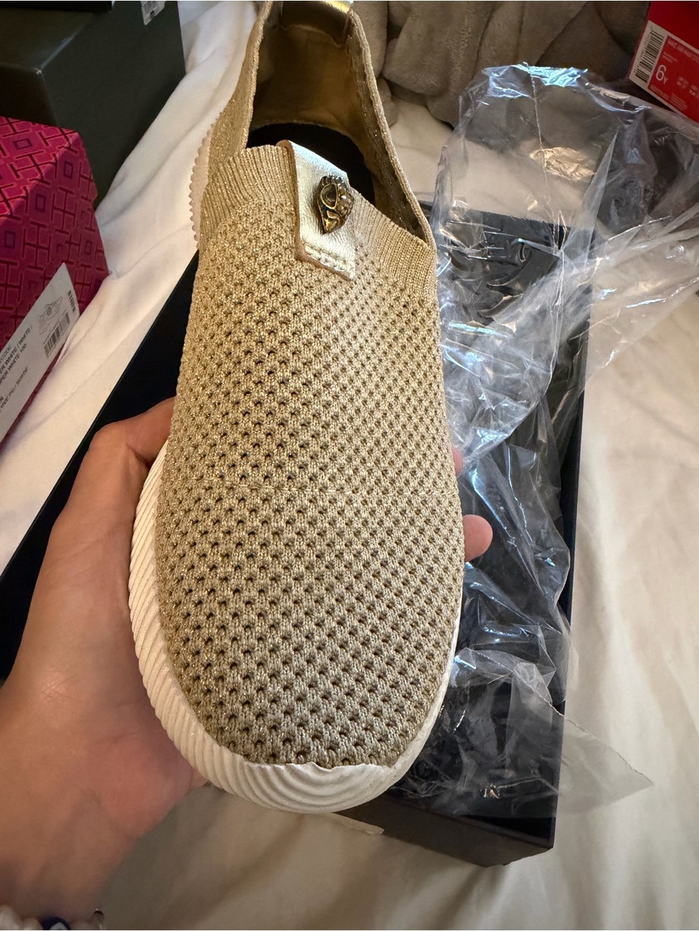 Kurt Geiger Beige Knit Slip-On Sneaker with Gold Accent